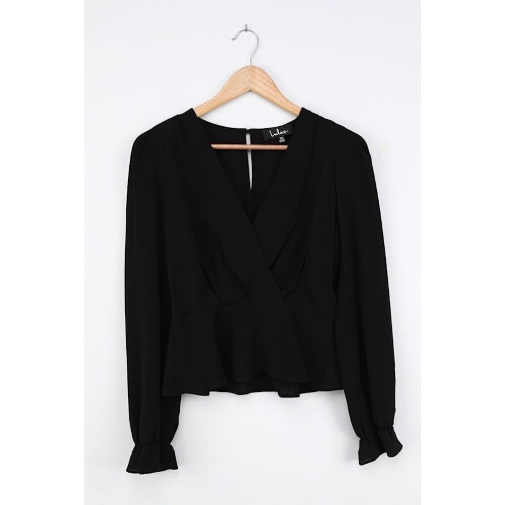 Lulus Expertise Black Faux Wrap Flounce Sleeve Top - Size XS